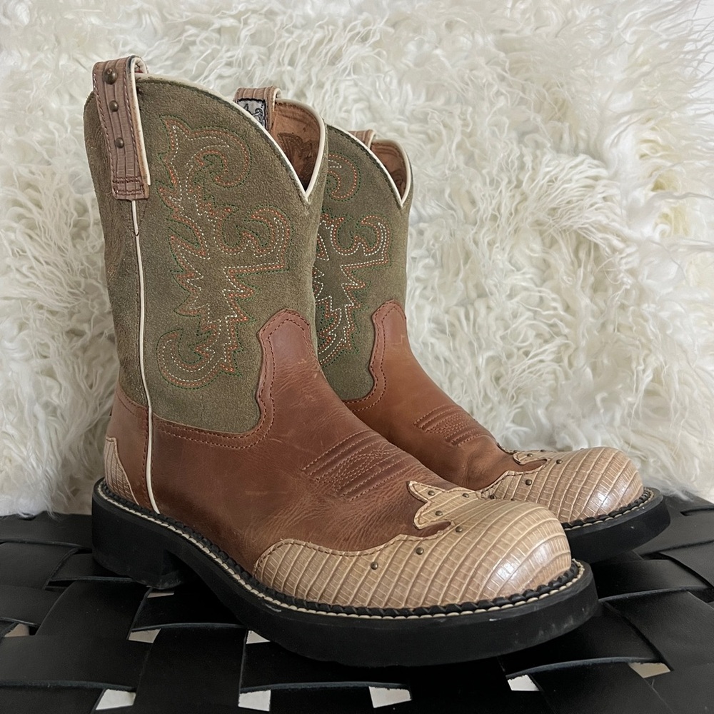 Y2K Tan/Green/Cream Leather Cowgirl Work Boots